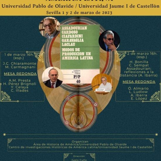 Cartel de presentación del Seminario Internacional. Aparecen los principales ponentes: Chiaramonte, Carmagnani, Bonilla...