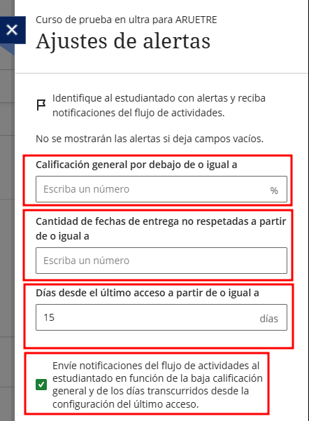 Ajustes de alertas - Aula Virtual