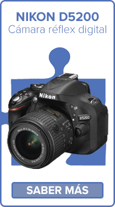 Nikon D5200: Cámara reflex digital. Permite realizar tanto fotografías como vídeos de máxima definición. Cuenta con una plantalla abatible para poder ver la imagen a tiempo real.
