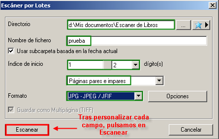 Pantalla de configuración de la opción Escaner por lotes