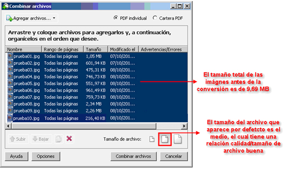 Ventana de configuración de Combinar archivos...