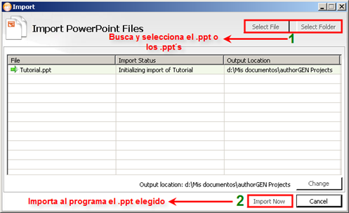 Ventana de importar archivos .ppt en authorPoint Lite