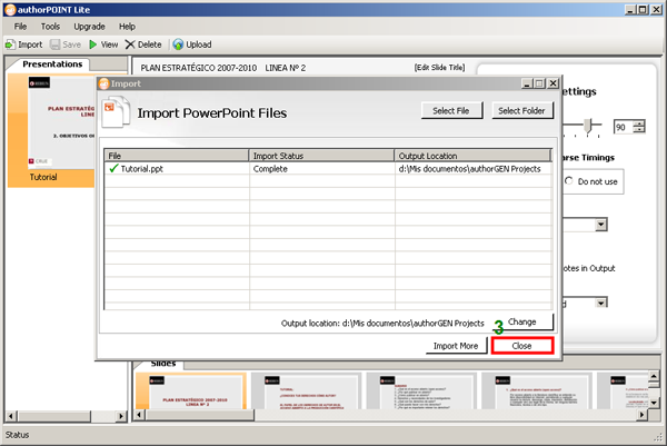 Ventana de importar archivos .ppt en authorPoint Lite