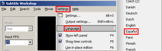 Ventana Settings (configuración) para elección de idioma-español