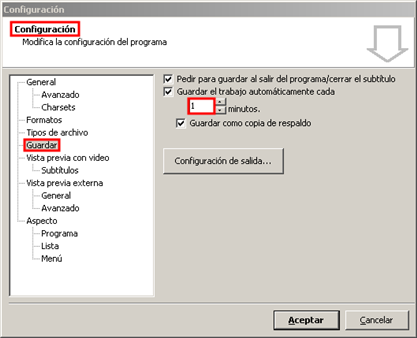 Ventana configuración:guardado automático
