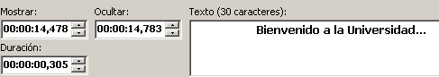 Area de trabajo para subtitular. Tiempo, duración e insercción de texto