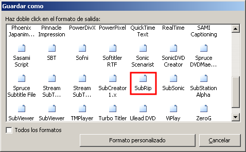 Ventana con diferentes formatos de archivo, con Surip como elección