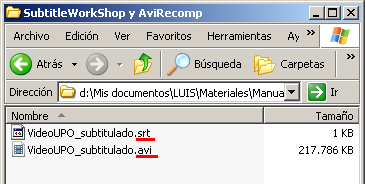 Carpeta de destino con los archivos finales .avi y .srt nombrados igual