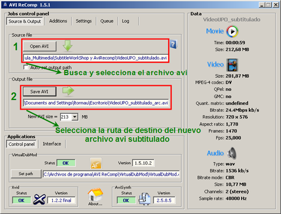 Ventana Source and Output. Insercción y destino de video