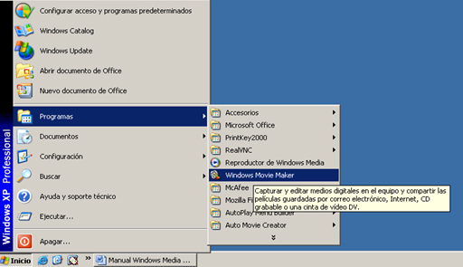 Acceso a Windows Movi Maker a traves del menú de Inicio