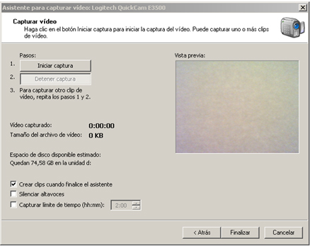 Asistente para capturar vídeo: Pantalla de Capturar vídeo