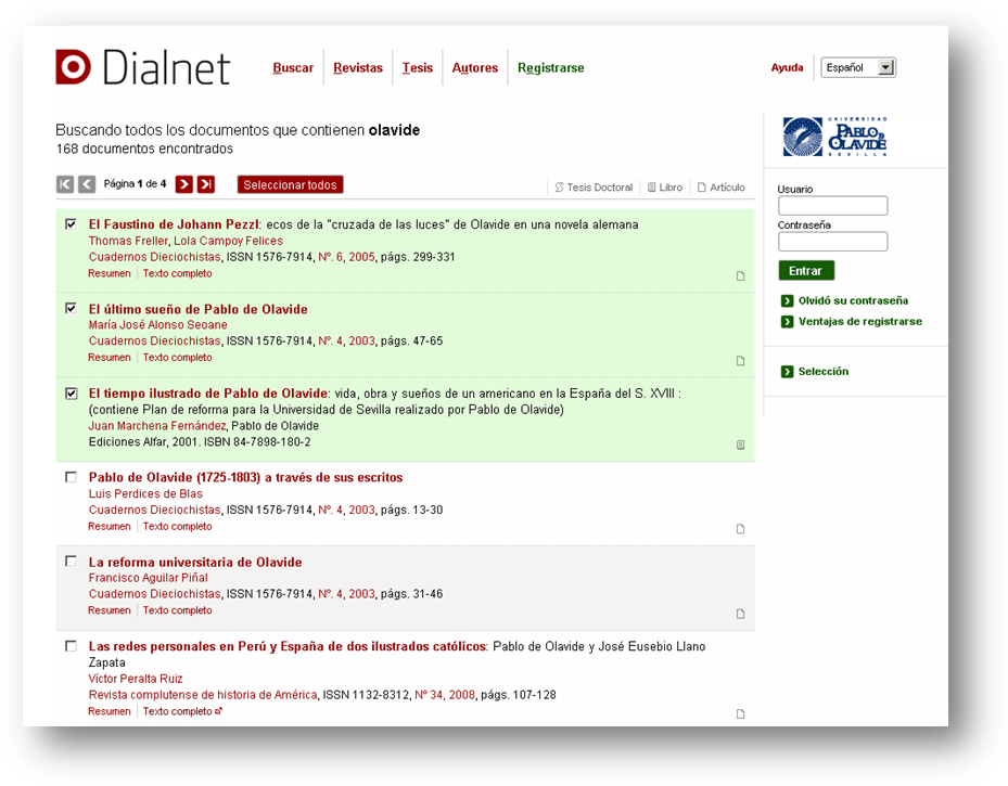 Selección de resultados en Dialnet
