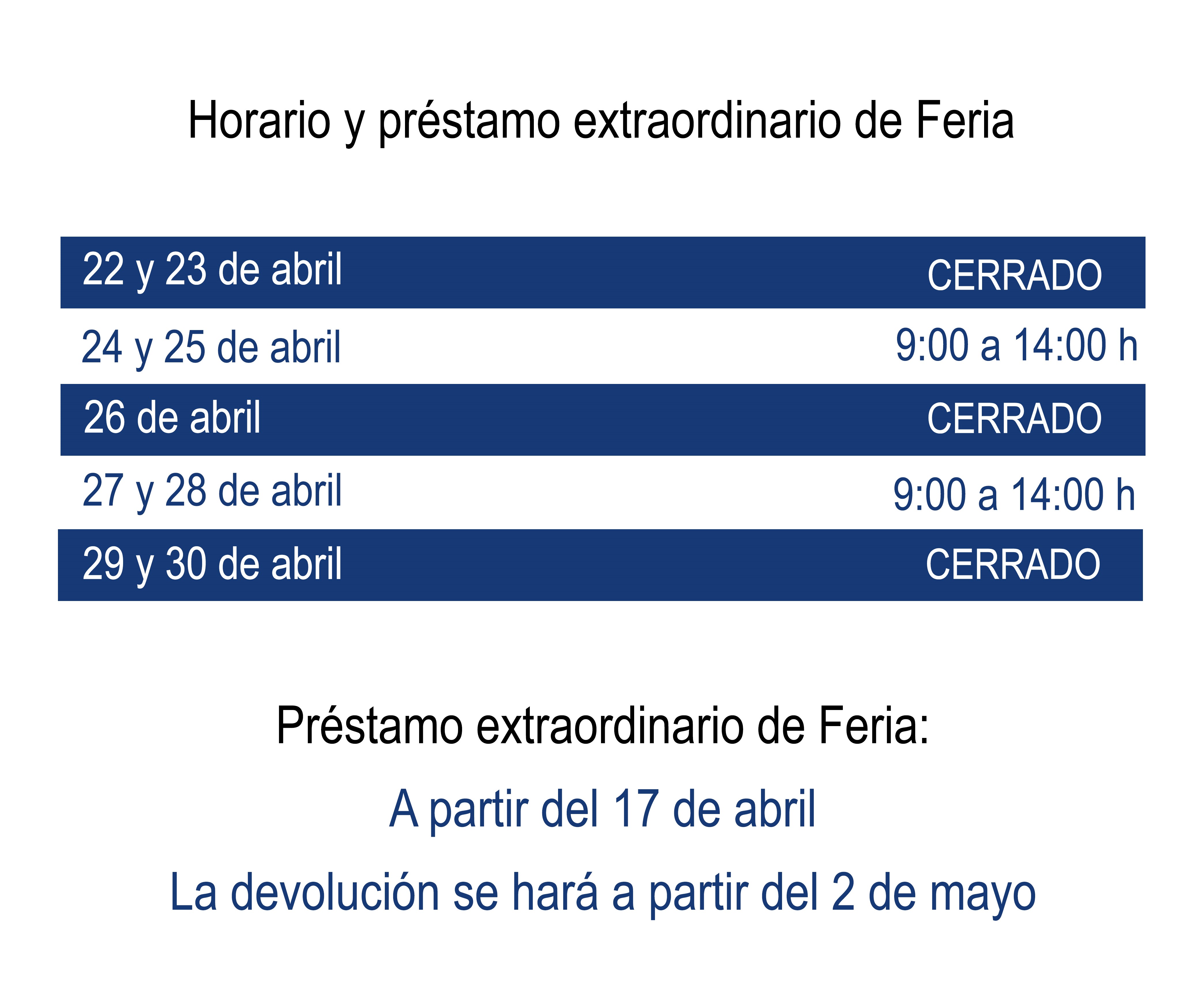 
Horario extraordinario de apertura y de préstamo extraordinario de la Biblioteca/CRAI en Feria 2023.