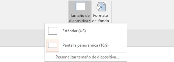 Pantalla panorámica (4:3 y 16:9). Captura de PowerPoint