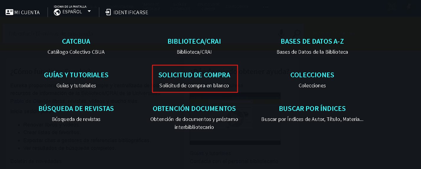 Acceso al formulario de solicitud de compra, desde el botón de Más opciones (tres puntuos)