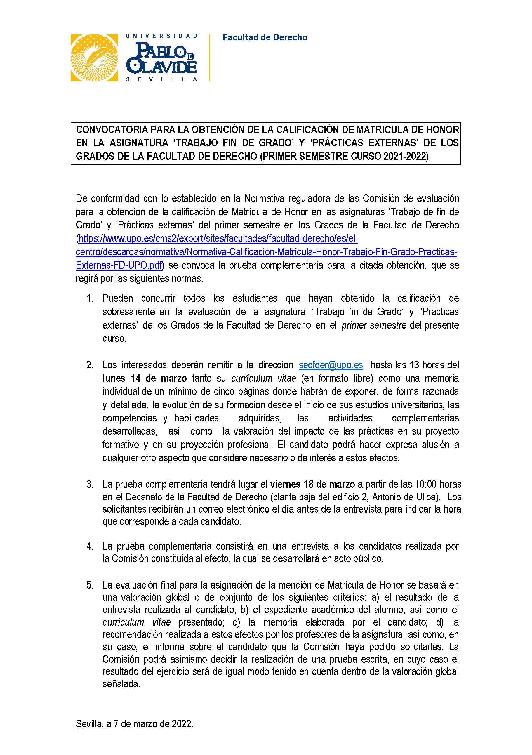 Convocatoria Matrícula Honor TFG y Prácticas Externas 1º Semestre 2021-2022