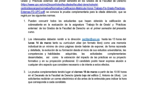 Convocatoria Matrícula Honor TFG y Prácticas Externas 1º Semestre 2021-2022