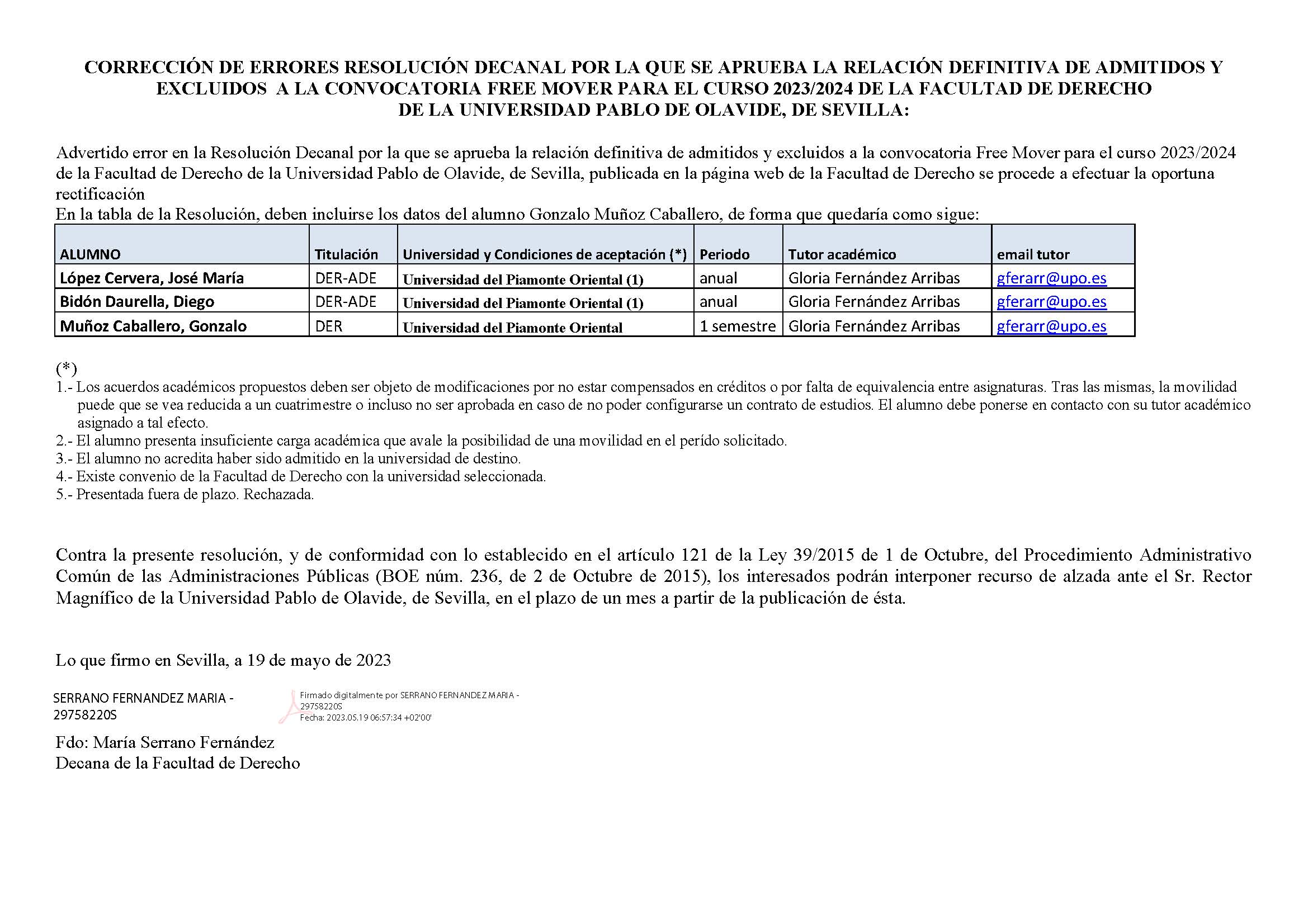 CORRECION DE ERRORES Resolución Decanal freemovers 23-24