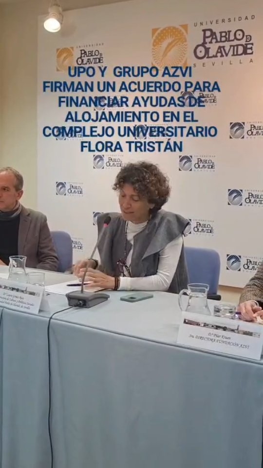 🤝 Hoy hemos celebrado la firma del acuerdo de colaboración que permitirá apoyar el alojamiento de estudiantes en el Complejo Universitario Flora Tristán, ubicado en el Polígono Sur, reforzando su participación en iniciativas comunitarias y de dinamización universitaria.

La presentación ha contado con la vicerrectora de Cultura y Políticas Sociales @lauragomezruiz1971 ,la directora de la Fundación @grupoazvi Pilar Kraan, y el director general de Políticas Sociales, Raúl Álvarez.

Esta colaboración forma parte del convenio firmado en 2024 entre ambas entidades, que ya ha permitido mejorar la accesibilidad del campus con nuevo mobiliario adaptado y equipamiento inclusivo.

Un paso más para seguir construyendo una universidad comprometida, social e inclusiva.

#Ayudas #AlojamientoUniversitario #FloraTristán #GrupoAZVI #UniversidadPablodeOlavide
Editado · 1 min