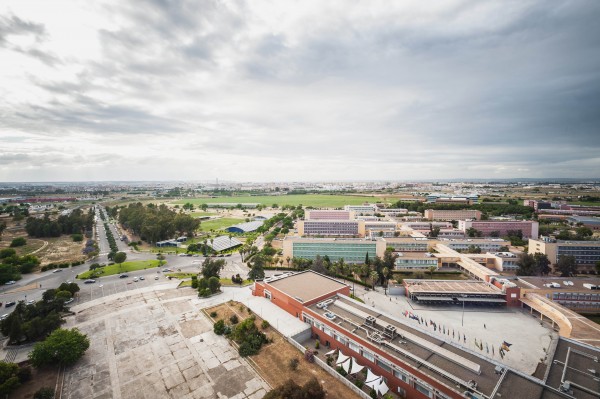 Vista de la rotonda y vía de acceso principal al campus