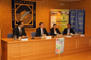 De izquierda a derecha, Ignacio Ochoa, director de AAPP y Empresas Territorio Sur, de Telefónica; José Manuel Feria, delegado de Estrategia, Prospectiva y Emprendimiento de la UPO; Vanessa Bernad, directora gerente de Andalucía Emprende, y Luis Felipe Campuzano, director general de la Fundación Empleo y Sociedad. 