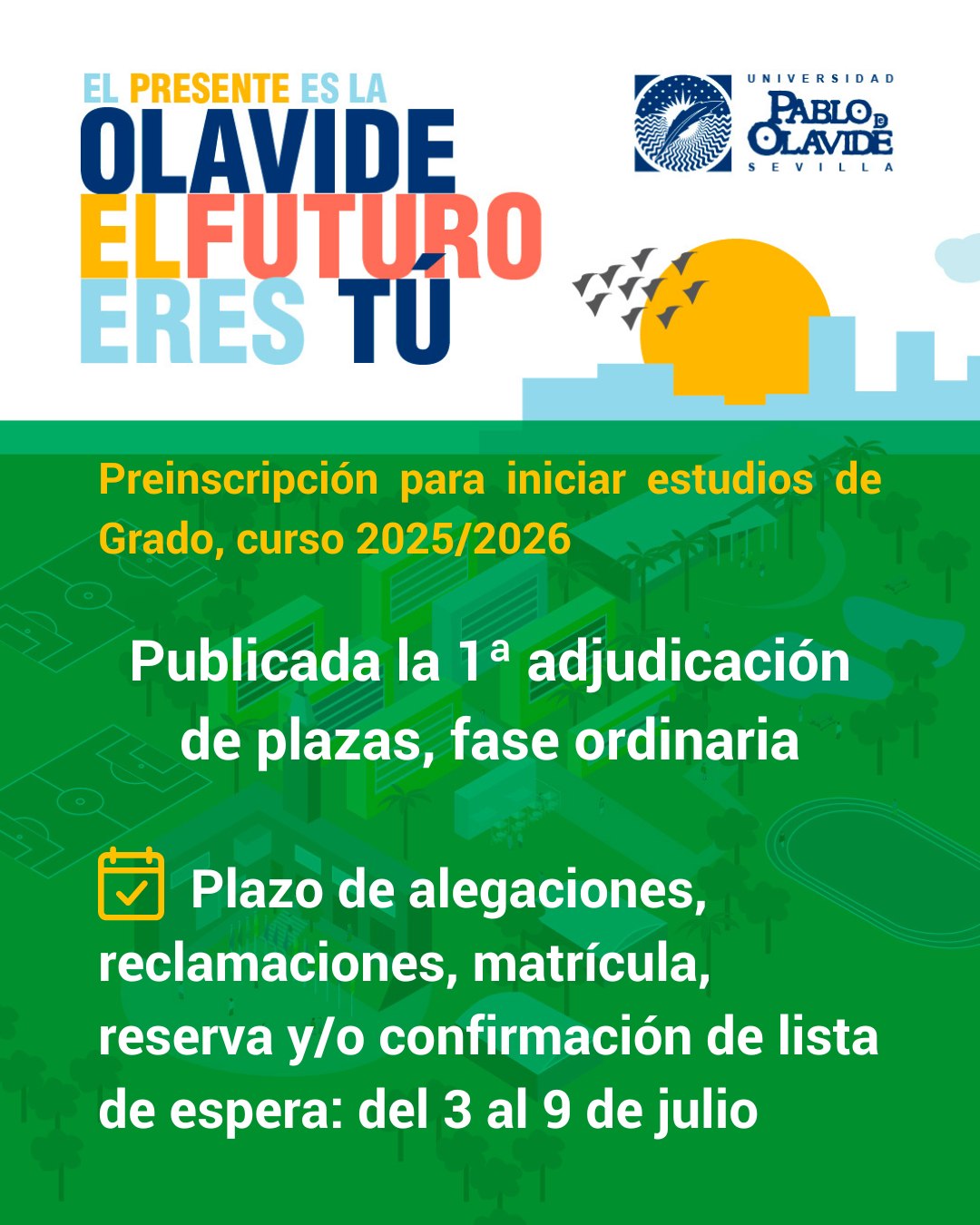🎓 ¡Ya tienes los resultados de la primera adjudicación de plazas!
✅ Si has conseguido plaza en la UPO, ¡enhorabuena!
Tienes del 3 al 9 de julio para hacer tu matrícula. ¡No pierdas tu plaza!
📌 Si estás en lista de espera:
Recuerda confirmar tu permanencia en la lista de espera, reservar la plaza asignada y/o presentar alegaciones también hasta el 9 de julio.
ℹ️ Toda la info sobre la matrícula en la UPO 👇
🔗 https://www.upo.es/matricula/matriculate/
¡Bienvenido/a a la Olavide! 😊
#LaOlavideEresTú #matrículaUPO