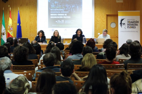 Lina Gálvez, Carol Proner, Francisco Infante Ruiz y Manuel Gándara durante la apertura del seminario