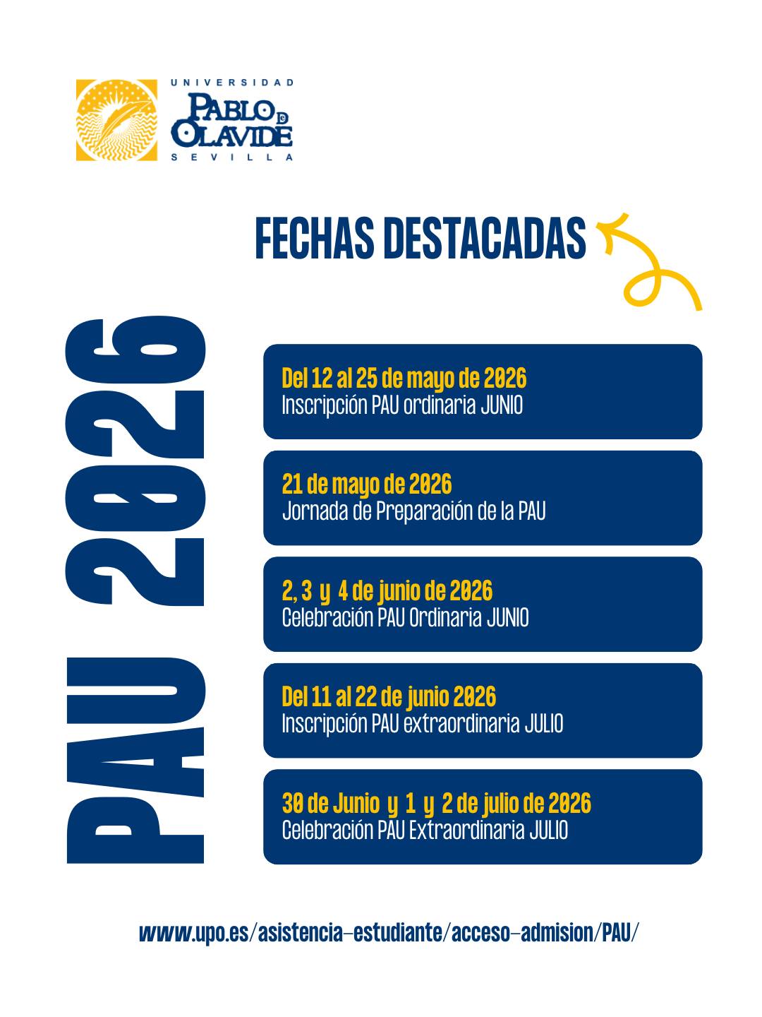 📚 ¿Te presentas a la PAU 2026 en la Universidad Pablo de Olavide?Guarda este post porque aquí tienes algunas de las fechas más importantes que debes tener en cuenta para la convocatoria ordinaria y extraordinaria 🗓️✍️✔️ Inscripción Automatrícula PAU ordinaria: del 12 al 25 de mayo 2026✔️ Jornada de Preparación de la PAU: 21 de mayo de 2026✔️ Fechas exámenes PAU convocatoria ordinaria: 2, 3 y 4 de junio de 2026✔️ Inscripción Automatrícula PAU extraordinaria: del 11 al 22 de junio 2026✔️ Fechas exámenes PAU convocatoria extraordinaria: 30 de Junio y 1 y 2 de julio de 2026En la UPO queremos acompañarte en cada paso hacia tu futuro universitario. Más información:🔗 www.upo.es/asistencia-estudiante/acceso-admision/PAU/#PAU2026 #AccesoUniversidad #LaOlavideEresTú #UniversidadPabloDeOlavide #Selectividad
