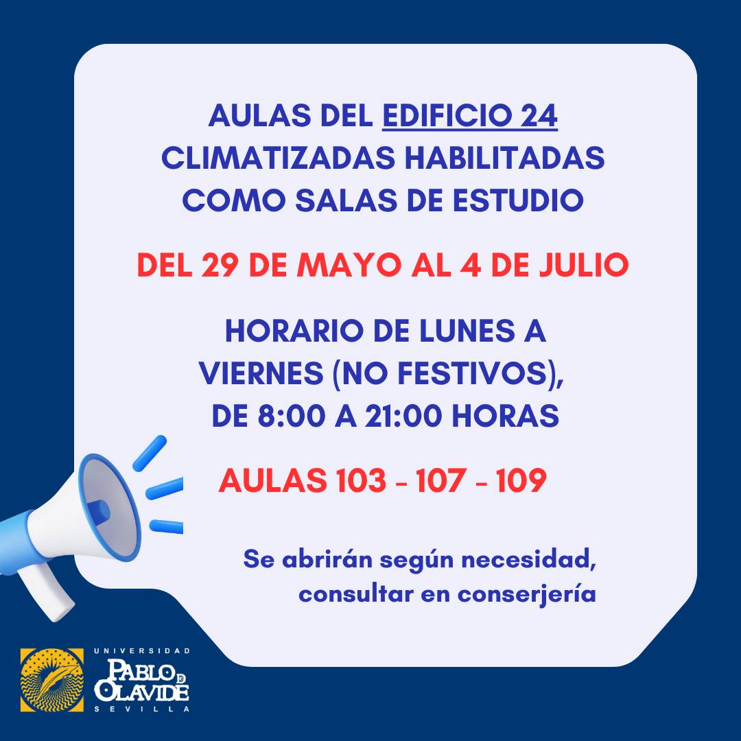 📚 🔊 Desde el 29 de mayo al 4 de julio, las aulas climatizadas del Edificio 24 estarán habilitadas como salas de estudio, en horario de:🕗 Lunes a viernes (no festivos)⏰ De 8:00 a 21:00 h📍 Aulas 103, 107 y 109⚠️ Se abrirán según necesidad → consulta en conserjería.¡Gracias por vuestra colaboración y mucho ánimo con los exámenes!#SalasDeEstudio #ExámenesUPO #LaOlavideEresTú #CampusUPO #Estudiantes #UniversidadPablodeOlavide