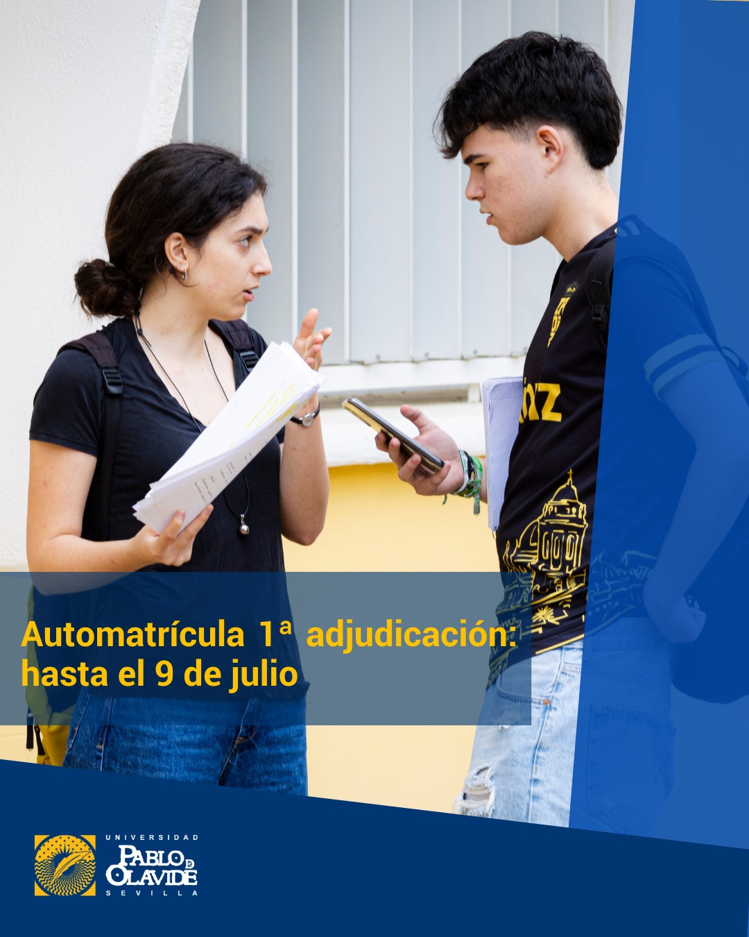 ⚠️ Si has obtenido plaza en la primera adjudicación de grados, recuerda que mañana 9 de julio finaliza el plazo para realizar tu automatrícula en la Universidad Pablo de Olavide.
Además, mañana miércoles también se cierra el plazo para:
✅ Presentar alegaciones o reclamaciones sobre la adjudicación.
✅ Reservar tu plaza o confirmar permanencia en lista de espera.
Es imprescindible que completes estos pasos a tiempo para asegurar tu plaza o mantener tus opciones de acceso.
👉 En nuestra web puedes consultar toda la información detallada y el acceso al procedimiento de automatrícula:
🔗 https://www.upo.es/matricula/matriculate
¡No lo dejes para el último momento!
#LaOlavideEresTú #automatrícula #admisióngrados #UniversidadPablodeOlavide