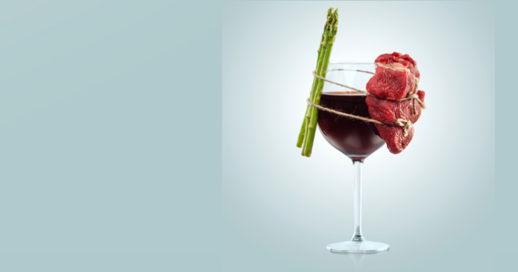 vino y alimentos (carne y espárragos)