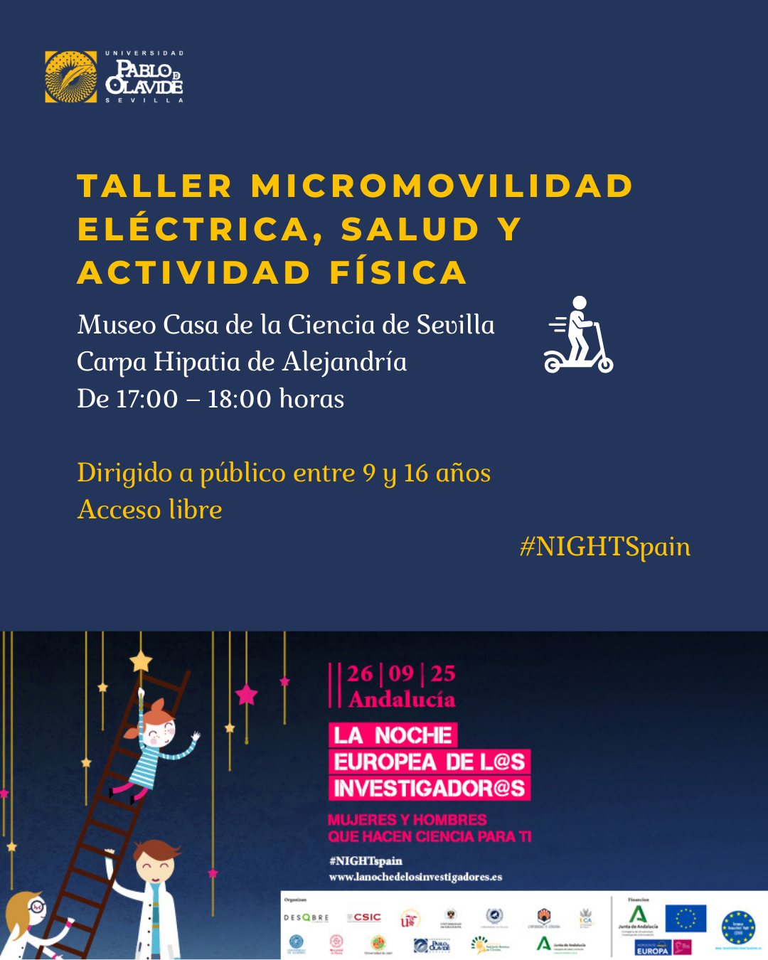 🚲 ¿Patinete o bici? ¡La micromovilidad eléctrica no solo transforma nuestras ciudades, también influye en nuestra salud y forma de movernos!El 26 de septiembre tienes una cita en La Noche Europea de l@s Investigadores en Sevilla 🌙📍 Carpa Hipatia de Alejandría – @casacienciasevilla_csic ⏰ 17:00 a 18:00 h👥 Público de 9 a 16 años🎟 Acceso libreVen a participar en un taller-concurso único donde una ruleta decidirá tus retos: desde equilibrio y resistencia hasta conocimientos sobre movilidad urbana y salud 🚦💪🧠 Un plan divertido, creativo y científico, ¿te lo vas a perder? 😃#NIGHTSpain #LaOlavideEresTú #Sevilla #Divulgación #Ciencia