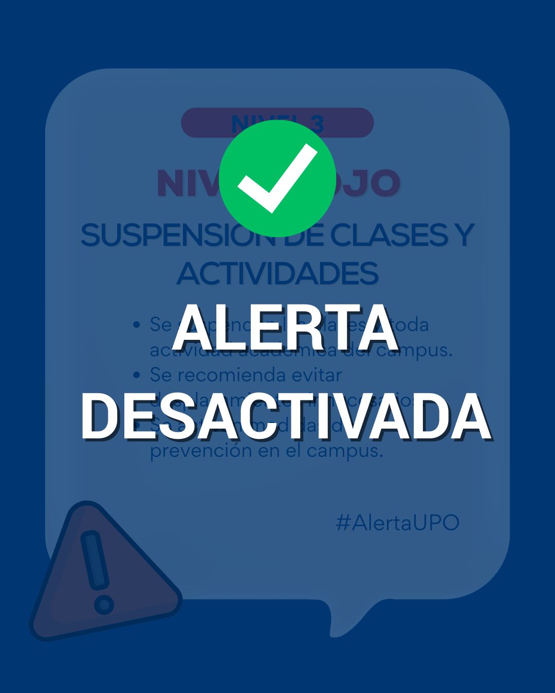 🔔 Se desactiva el nivel de alerta por lluvia y viento fuerte.

Todo vuelve a la normalidad.

📚 Mañana, jueves 30 de octubre, se reanudan las clases y toda actividad en el campus y en sus sedes.

#AvisoUPO #InfoUPO