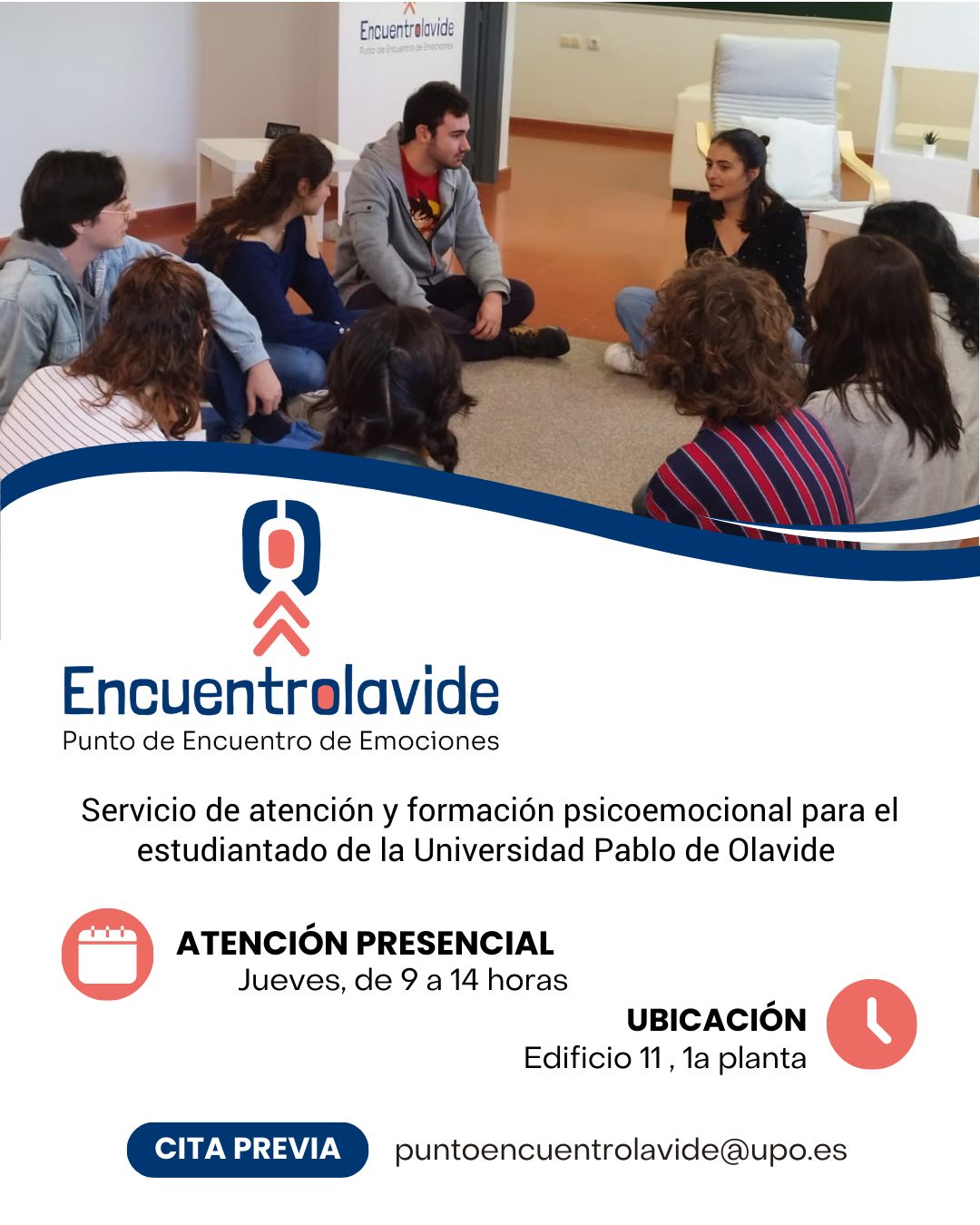 ¡EncuentrOlavide vuelve!
A partir de mañana jueves 18 de septiembre, coincidiendo con la primera semana lectiva, retomamos este servicio de atención y formación en salud mental y emocional dirigido a nuestro estudiantado.
📌 ¿Cómo funciona?
Atención individual → solicita cita previa con tu cuenta UPO en 👉 puntoencuentrolavide@upo.es
Grupos y talleres colectivos → sesiones de educación emocional que iremos anunciando en redes
📍 Edificio 11, planta 1ª
🕘 Horario de atención presencial: jueves de 9:00 a 14:00 h
🔜 Próximos talleres:
Autocuidado y creencias limitantes · Jueves 30 de octubre · 13:30 – 15:30
Relaciones tóxicas · Jueves 13 de noviembre · 13:30 – 15:30
Control del estrés · Jueves 27 de noviembre · 13:30 – 15:30
🔗 Más información: https://www.upo.es/estudiantes/.content/nueva-tematica/Encuentrolavide/
#EncuentrOlavide #LaOlavideEresTú #saludmental #estudiantes