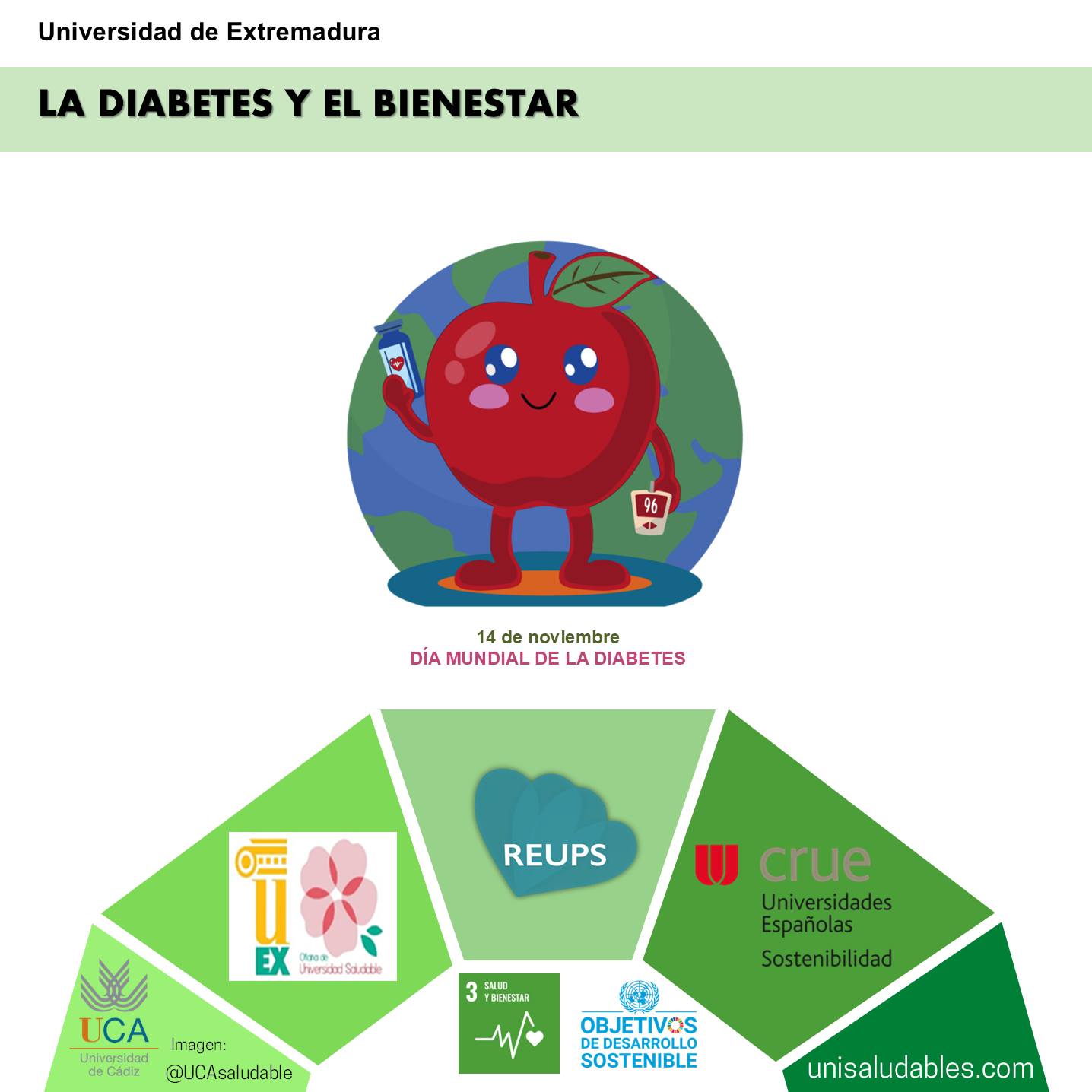 💙 14 de noviembre: Día Mundial de la Diabetes

Hoy recordamos la importancia de prevenir, detectar y cuidar la diabetes, una enfermedad que afecta a millones de personas en todo el mundo.

En muchos casos, adoptar hábitos saludables puede marcar una gran diferencia:

🚭 No fumes
🏃‍♀️🏃 Haz ejercicio a diario
🍎 Reduce el consumo de azúcares

Cuidar de tu salud física, mental y social es clave para vivir mejor y prevenir complicaciones. En la universidad tienes recursos, actividades y espacios que pueden ayudarte a incorporar estos hábitos en tu día a día.

#DiaMundialDiabetes #UPOsaludable #universidadesaludables #REUPS #LaOlavideEresTú