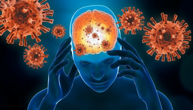 ilustración que muestra un cerebro infectado por virus