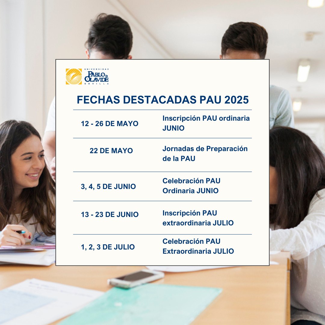 📣 ¡ATENCIÓN, futuro alumnado universitario!Si te examinas de la PAU y eres estudiante de un Centro adscrito a la Universidad Pablo de Olavide, desde hoy y hasta el 26 de mayo está abierto el plazo de inscripción para la Prueba de Acceso a la Universidad ordinaria de junio✍️📅 La cuenta atrás ha comenzado… ¡Este es el primer paso para empezar tu etapa universitaria!No lo dejes para el último día 😅🔗 Infórmate y formaliza tu inscripción en la web: www.upo.es (enlace directo en story destacada)¡Mucho ánimo en la recta final! 💪#PAU2025 #SelectividadUPO #LaOlavideEresTú #estudiantes
