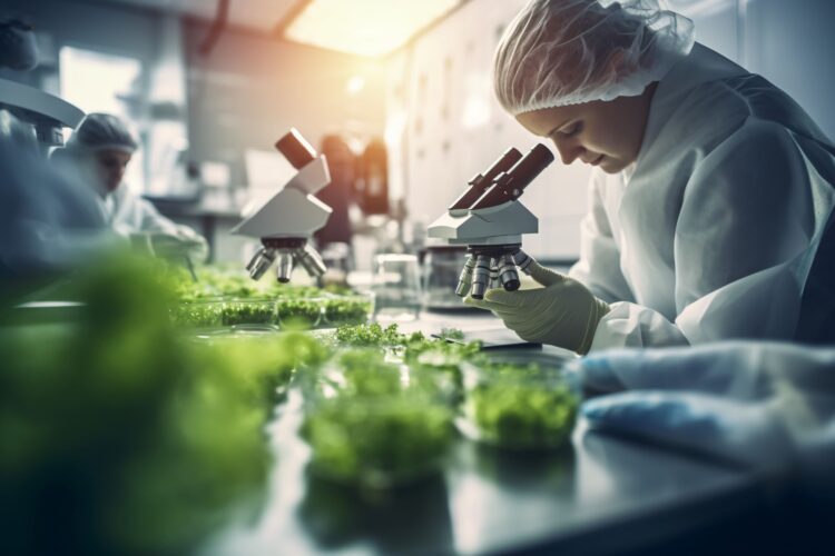 Laboratorio químico con muestras de alimentos