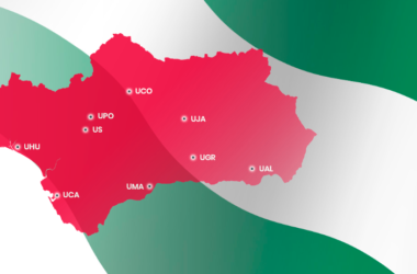 Mapa de Andalucía con los acrónimos de las universidades andaluzas