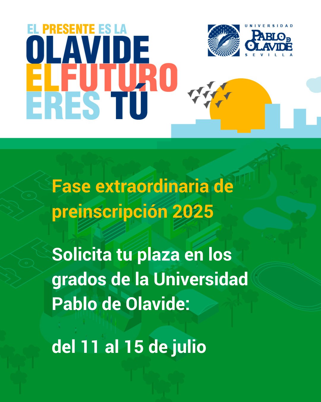 ¡Comienza la Fase Extraordinaria de Preinscripción Universitaria 2025!
Si has superado las pruebas de acceso a la universidad en julio, ya puedes presentar tu solicitud para estudiar un grado en cualquiera de las Universidades Públicas Andaluzas, incluida la Universidad Pablo de Olavide.
Del 11 al 15 de julio está abierto el plazo para formalizar tu preinscripción de manera telemática a través del portal del Distrito Único Andaluz.
📅 Toma nota de las fechas más importantes del proceso:
🔹 El 25 de julio se publicará la primera lista de adjudicación de plazas.
🔹 Del 25 al 28 de julio podrás matricularte, confirmar o reservar tu plaza.
🔹 La segunda y última adjudicación se hará pública el 4 de septiembre, con plazo de matrícula o confirmación hasta el 8 de septiembre.
🔹 Posteriormente, se abrirán listas de resultas con adjudicaciones que continuarán hasta octubre.
Para ayudarte en este proceso, la UPO pone a tu disposición iPuntOlavide, un espacio de orientación donde encontrarás toda la información sobre el acceso y la admisión en nuestros grados, en la sección Antes del Grado.
💡 Da el paso y empieza a construir tu futuro universitario con nosotros.
🔗 Puedes consultar el calendario completo y todos los detalles en la web oficial del Distrito Único Andaluz (enlace en bio).
#preinscripciónuniversitaria #accesouniversidad #faseextraordinaria #LaOlavideEresTú #UniversidadPública #UniversidadPablodeOlavide