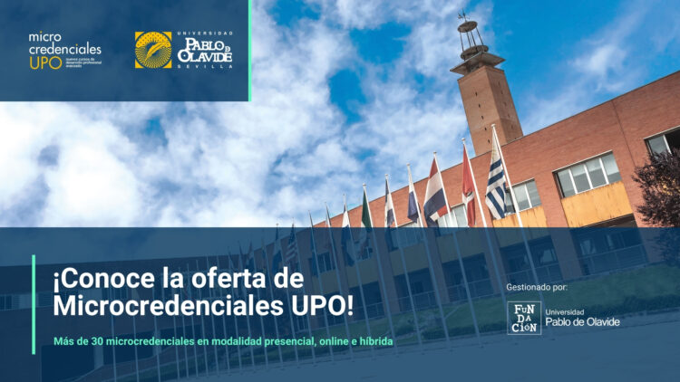 Imagen del campus con el texto: Microcredenciales UPO
