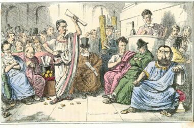 Ilustración de John Leech para la versión ‘The Comic History of Rome’, en la que se ve a Cicerón denunciando a Catilina. Wikimedia Commons