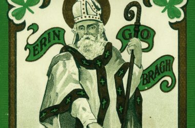 Postal de celebración del día de san Patricio de 1909 en la que se representa al santo y el característico color verde de la festividad.