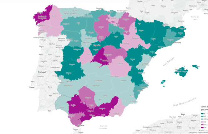 Nombres de mujeres en las calles de España (2025). Porcentaje por provincias. STNAMES LAB