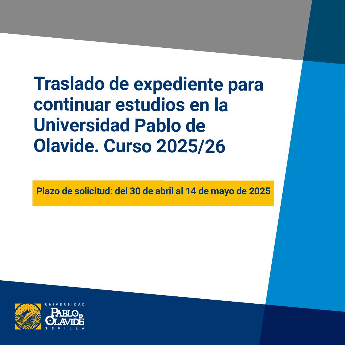 📣 ¿Estás estudiando en otra universidad y quieres continuar tu grado en la UPO?
🔄 Desde hoy y hasta el 14 de mayo está abierto el plazo de solicitud de traslado de expediente para continuar estudios en la Universidad Pablo de Olavide.
📚 Si quieres formar parte de la #ComunidadUPO, infórmate aquí 👉
🔗 https://www.upo.es/gestion-grado/traslados-reconocimientos/traslados-a-upo/
#TrasladoExpediente #UniversidadPablodeOlavide #estudiantes #GradosUniversitarios