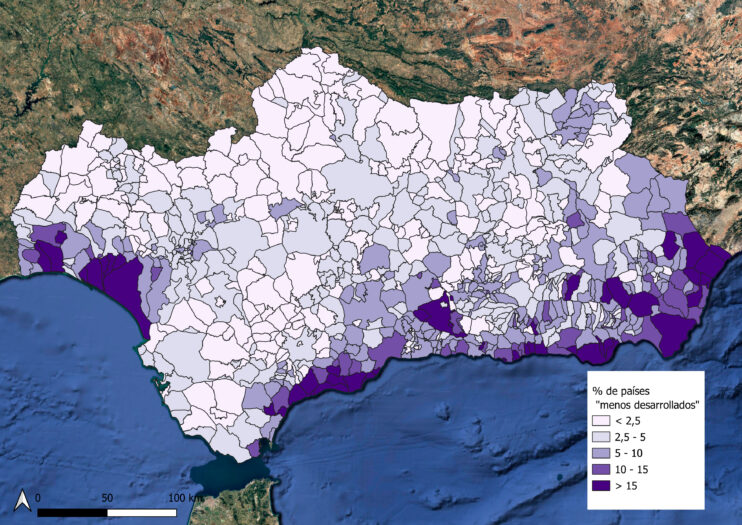 Distribución municipal de la población total de origen extranjero de países menos desarrollados
