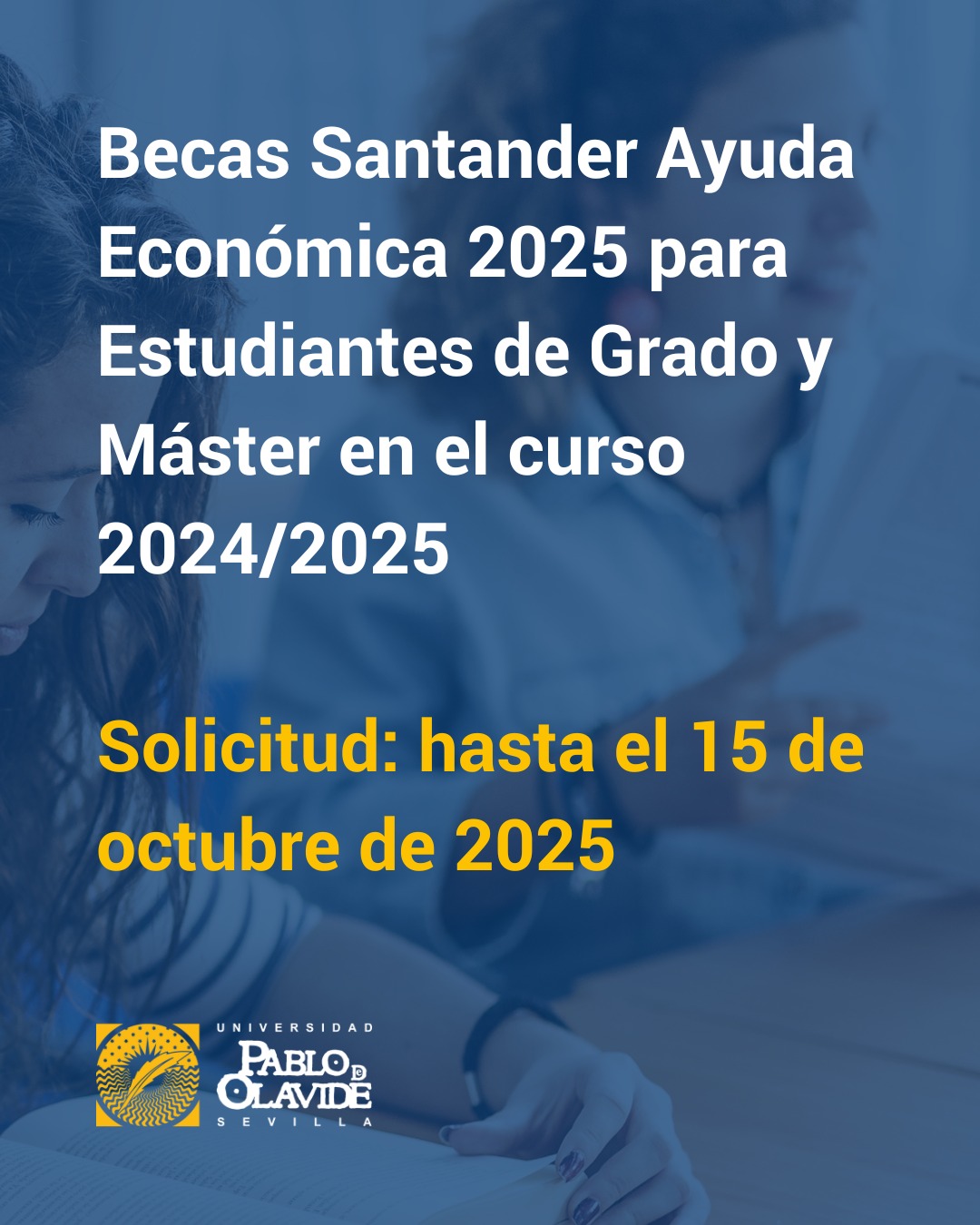 🎓 Convocadas 100 Becas Santander Ayuda Económica 2025 para estudiantes de la UPO
La Universidad Pablo de Olavide, en colaboración con Banco Santander, lanza una nueva edición de las Becas Santander Ayuda Económica, destinadas a apoyar el esfuerzo académico y contribuir a la igualdad de oportunidades.
En total, se concederán 100 ayudas de 1.000 euros cada una, dirigidas a estudiantes matriculados/as en titulaciones oficiales de Grado y Máster durante el curso 2024/2025.
Estas becas reconocerán los mejores expedientes académicos y contemplan también cupos específicos para estudiantes con discapacidad, pertenecientes al programa EDER-UPO y víctimas de violencia de género.
✅ Requisitos principales
Haber estado matriculado/a en un Grado o Máster oficial presencial de la UPO durante el curso 2024/2025.
Contar con una nota media igual o superior a 5 puntos.
No haber recibido esta beca ni la Beca Santander Excelencia 360º en ediciones anteriores.
✅ Solicitud y plazos
La solicitud se realizará en dos pasos obligatorios:
1️⃣ Inscripción en la plataforma de Becas Santander 👉 www.becassantander.com
2️⃣ Presentación de la documentación a través de la sede electrónica de la UPO mediante “Instancia Genérica” 👉 sede.upo.es
El plazo para presentar solicitudes estará abierto hasta el 15 de octubre de 2025.
Para más información, consulta las bases completas de la convocatoria publicada en el Tablón Electrónico Oficial de la universidad.
#LaOlavideEresTú #Becas #BecasUPOSantander #UniversidadPablodeOlavide #estudiantes