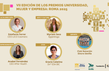 Esta edición ha reconocido la excelencia y el impacto de la labor de Estefanía Ferrer Puertas, ingeniera química, fundadora y directora de LICO Cosmetics; el Club Natación Sincro Sevilla; Myriam Seco Álvarez, egiptóloga, investigadora y profesora de la Universidad de Sevilla; Anabel Fernández Fornelino, fundadora y directora de la consultora de recursos humanos especializada en salud mental Affor Health; y Gracia Catalina Piñero, ingeniera de Telecomunicación y directora de la incubadora de empresas de tecnología aeroespacial ESA BIC Andalucía.