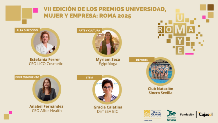 Esta edición ha reconocido la excelencia y el impacto de la labor de Estefanía Ferrer Puertas, ingeniera química, fundadora y directora de LICO Cosmetics; el Club Natación Sincro Sevilla; Myriam Seco Álvarez, egiptóloga, investigadora y profesora de la Universidad de Sevilla; Anabel Fernández Fornelino, fundadora y directora de la consultora de recursos humanos especializada en salud mental Affor Health; y Gracia Catalina Piñero, ingeniera de Telecomunicación y directora de la incubadora de empresas de tecnología aeroespacial ESA BIC Andalucía.