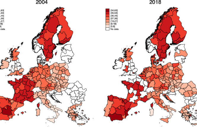 Mapa comparativo de 2004 y 2018 se aprecia la fuerte heterogeneidad territorial y el avance generalizado de la representación femenina en Europa; Francia, parte de España y los países nórdicos se acercan a la paridad, mientras que Italia, Polonia, Hungría o Grecia se mantienen rezagados. Pese al aumento general, la igualdad de género sigue siendo limitada, en no pocas regiones las mujeres no llegan al 33 % de representación.